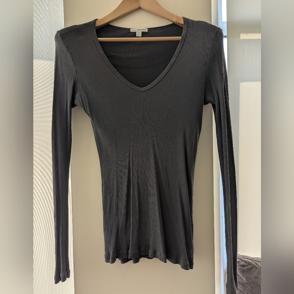 James Perse V-Neck Ribbed Long Sleeve Top - Gray